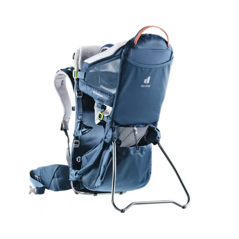 Vaikiška nešynė kuprinė DEUTER Kid Comfort Active — mėlyna, poliamidas, iki 22 kg, skėtis nuo saulės, kojų atrama, VariQuick, Lite Air