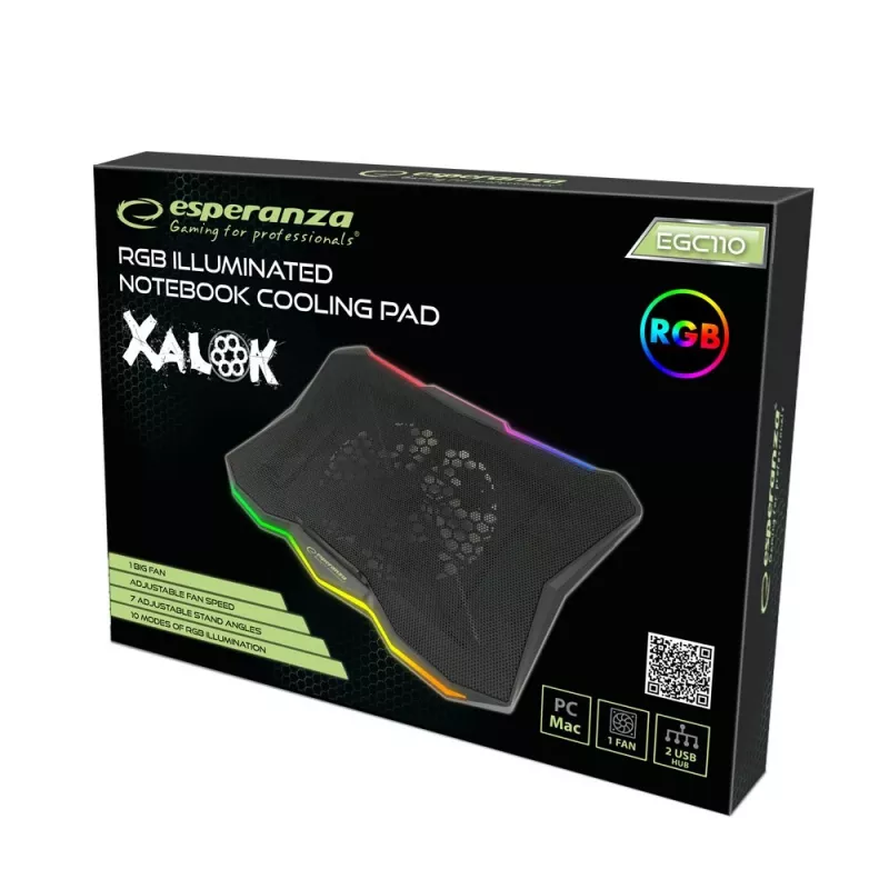 Nešiojamojo kompiuterio aušinimo padėklas ESPERANZA EGC110 iki 17 colių (43,2 cm), 1 ventiliatorius 18 cm, 800 aps./min, 63 CFM, USB 2.0, juodas