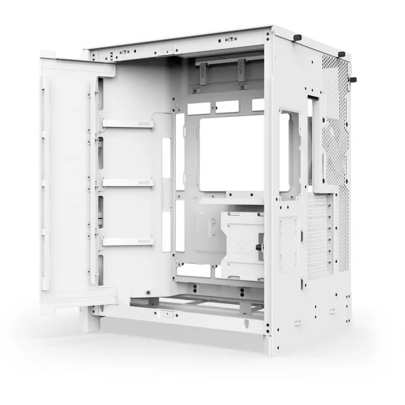 PC korpusas NZXT H9 Flow Midi Tower baltas — ATX/EATX/Micro ATX/Mini-ITX, 3x140 mm priekyje, 1x120 mm gale, 2x3,5 col. ir 6x2,5 col. nišos, grūdintas stiklas