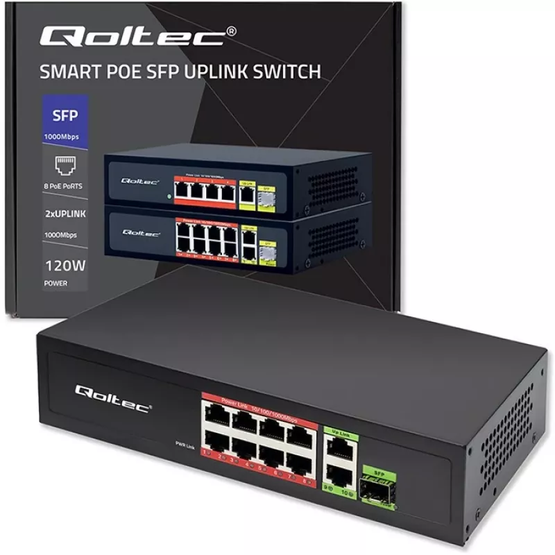 Ethernet komutatorius QOLTEC 52297 PoE RJ45 su PoE aukštyniniu ir SFP prievadu