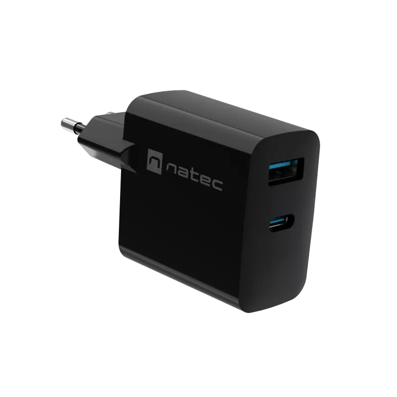 Laidus mobilusis įrenginių įkroviklis NATEC NUC-2145, 65 W, USB-C PD 3.0 + QC 3.0, 1x USB-C, 1x USB-A, 110–240 V, juodas