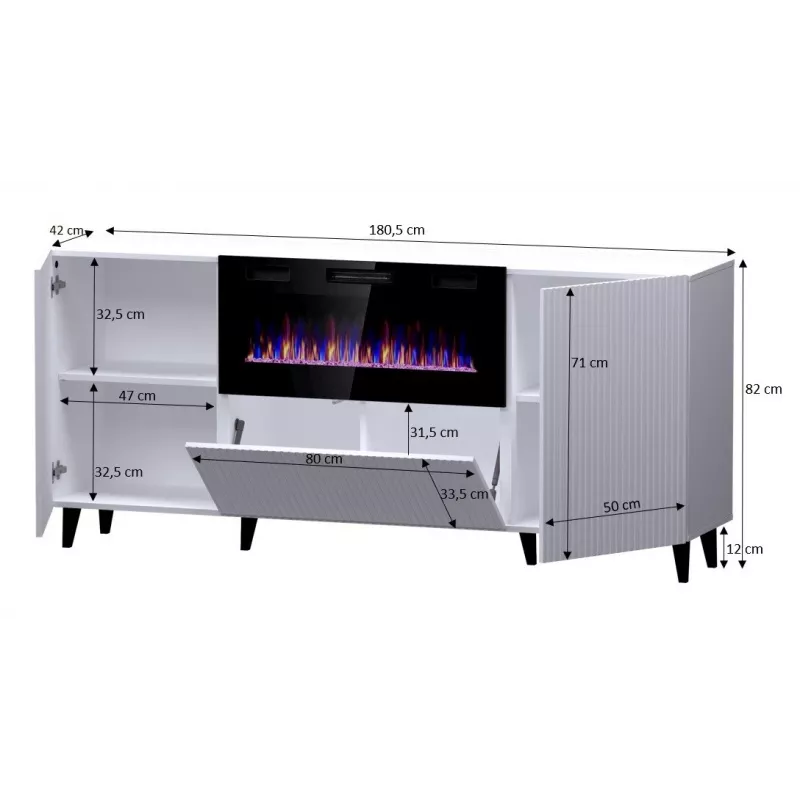 Komoda su elektriniu židiniu Cama Meble PAFOS, 180x42x82 cm, balta matinė, 1400–1600 W, be rankenų, 3 durys, 2 lentynos