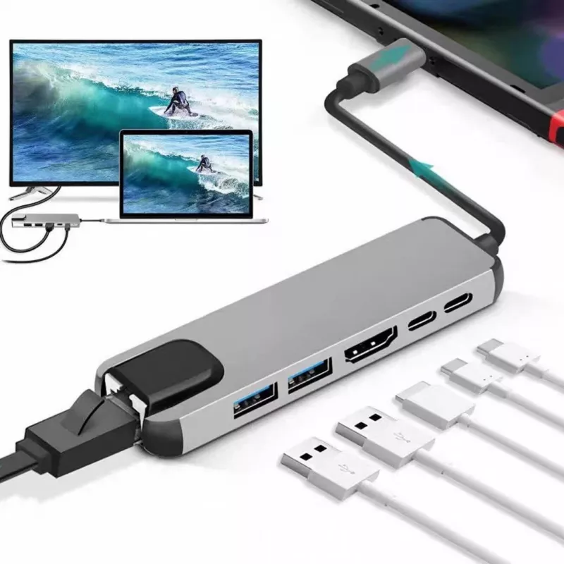 GEMBIRD USB Type-C 6-in-1 kelių prievadų adapteris A-CM-COMBO5-06 — HDMI, PD 54W, Gigabit LAN, 2× USB-A, Type-C (5 Gbit/s)