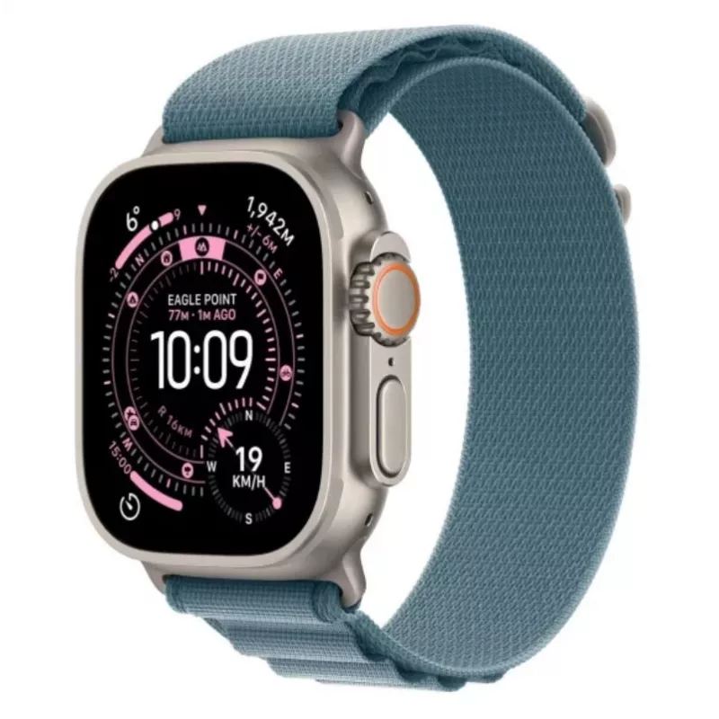 Išmanusis laikrodis „Apple Watch Ultra 3“ GPS + Cellular 49 mm natūralaus titano korpusas su šviesiai mėlynu „Alpine Loop“ dirželiu (mažas)