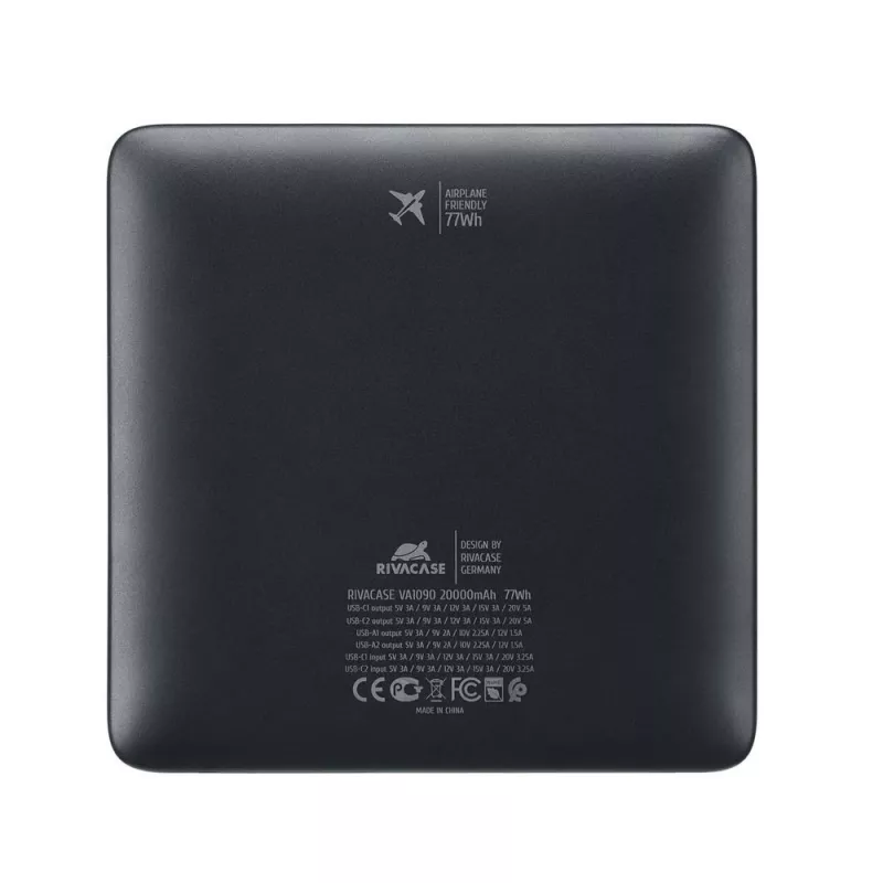 Išorinė baterija Rivacase VA1090 — 20000 mAh, 77 Wh, bendra išėjimo galia 100 W, 440 g