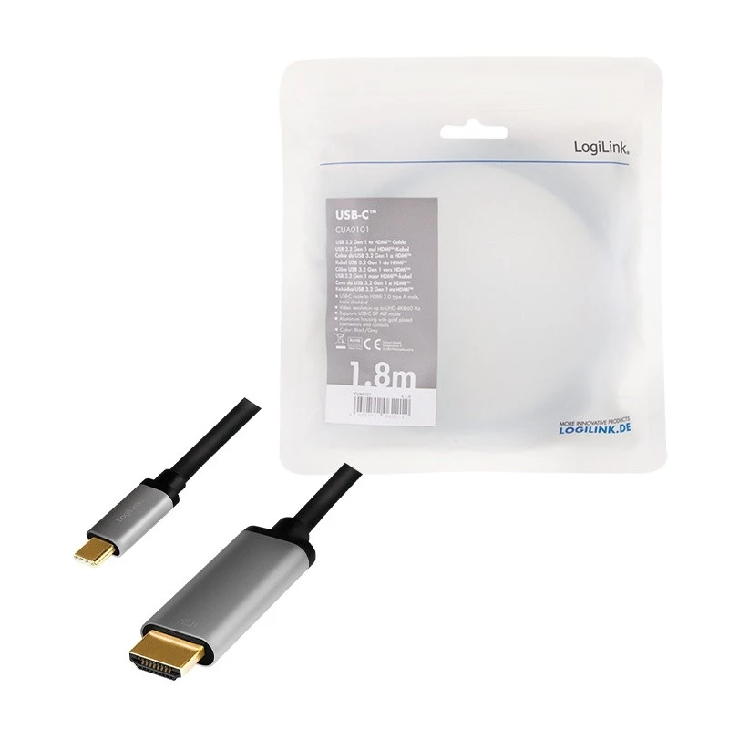 LogiLink CUA0101 USB 3.2 Gen1 Type-C į HDMI-A laidas 1,8 m juoda pilka
