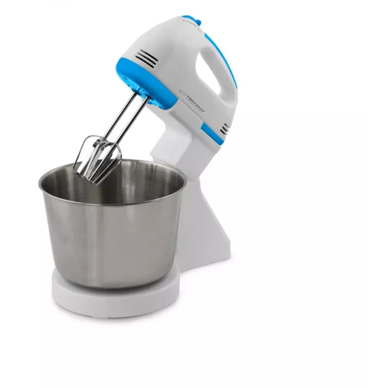 Stacionarus plaktuvas ESPERANZA EKM019WB — 150 W, 2,5 l talpos dubuo, 7 greičiai, tešlos kabliai, dvigubas plaktuvas, baltas