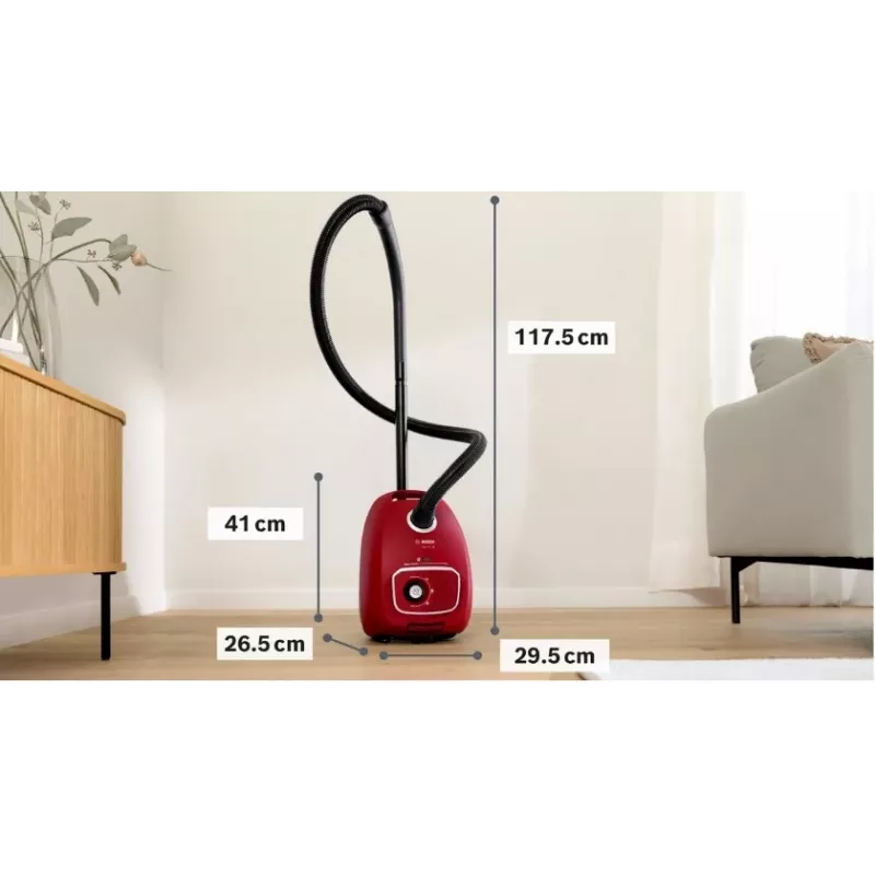 Dulkių siurblys Bosch BGB 41RD3H — 600 W, 4 L dulkių maišelis, HEPA filtras, 11 m veikimo spindulys, teleskopinis vamzdis, raudonas