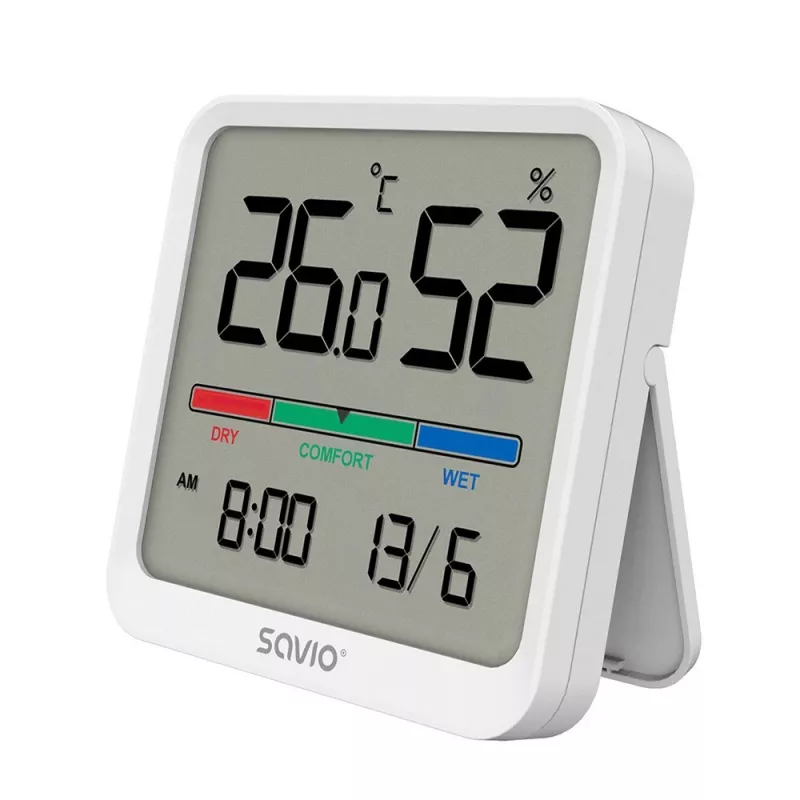 Patalpų temperatūros ir drėgmės jutiklis SAVIO CT-01/W, LCD ekranas, -10–55°C, 10–99%RH, baterija CR2032