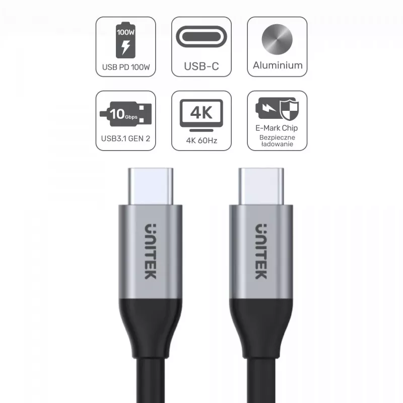 USB C į C duomenų ir įkrovimo laidas Unitek C14082ABK 1 m, USB 3.2 Gen 2 (10 Gbit/s), 100 W PD, juodas