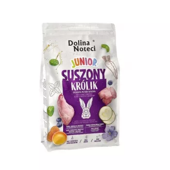 Sausas šunų ėdalas Dolina Noteci Premium Junior Rabbit 4 kg — šuniukų formulė, 28 % baltymų, 15 % riebalų, be konservantų