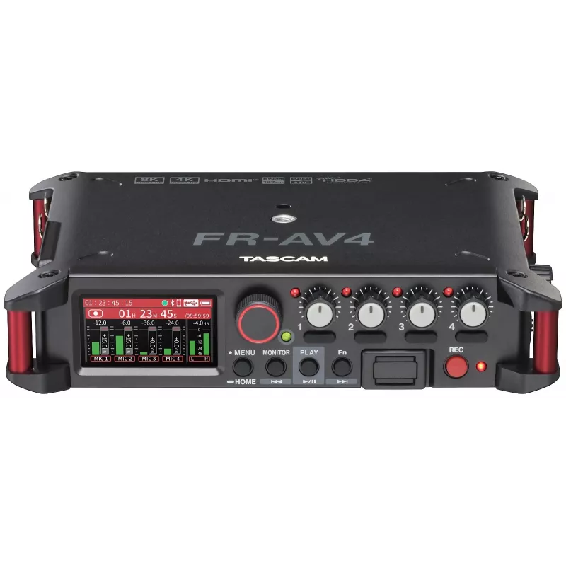 Nešiojamasis garso įrašymo įrenginys Tascam FR-AV4 — 6 kanalų, 4 XLR kombinuotos jungtys + 2x 3,5 mm, 24/32 bitų, 48/96/192 kHz, MicroSD iki 512 GB, USB-C, PD
