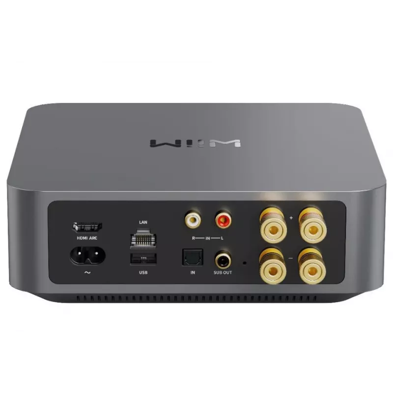 Stereo srautinio stiprintuvo WiiM Amp Pro tamsiai pilka — Wi‑Fi, Bluetooth 5.3, AirPlay 2, Spotify Connect, HDMI ARC, optinis įėjimas, žemų dažnių išėjimas