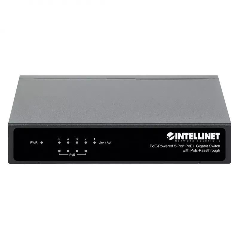 Gigabit 5xPoE praėjimo jungiklis, maitinamas per PoE arba AC, 68W