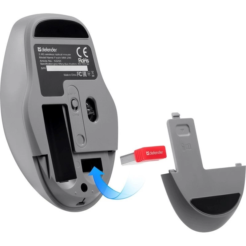 Belaidė pelė DEFENDER Silent Click C Mint 52294 — abiem rankoms tinkama, 1600 DPI, 2,4 GHz nano USB