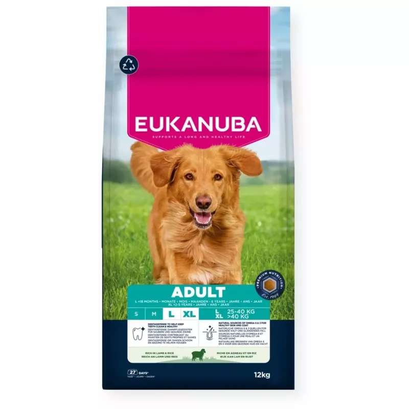 Sausas šunų maistas EUKANUBA Adult Large Breed Lamb & Rice 12 kg – visavertis sausas pašaras suaugusiems didelių ir milžiniškų veislių šunims