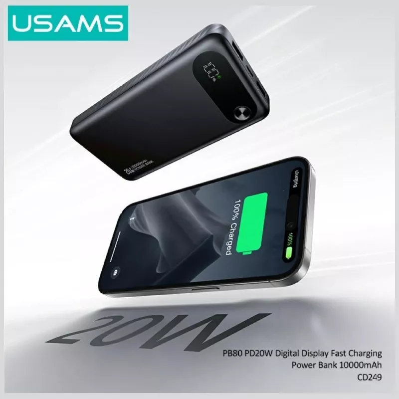 Nešiojama išorinė baterija usams PB80 10000mAh 20W PD balta