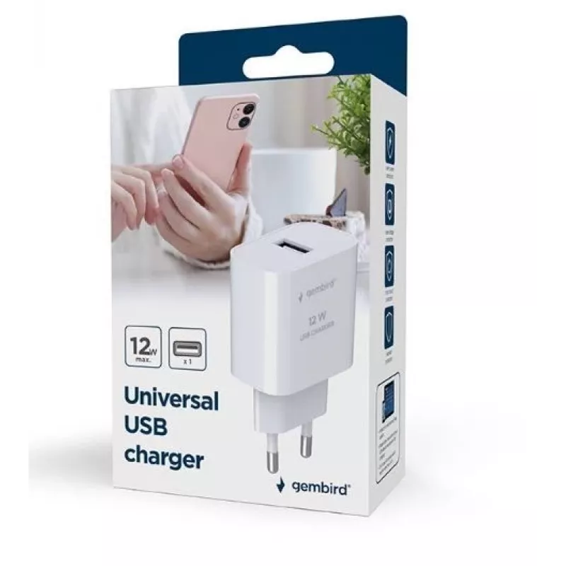 Mobiliojo įrenginio įkroviklis GEMBIRD TA-UC-1A12-01 5V 2.4A 12W USB PD, 1 prievadas, Baltas