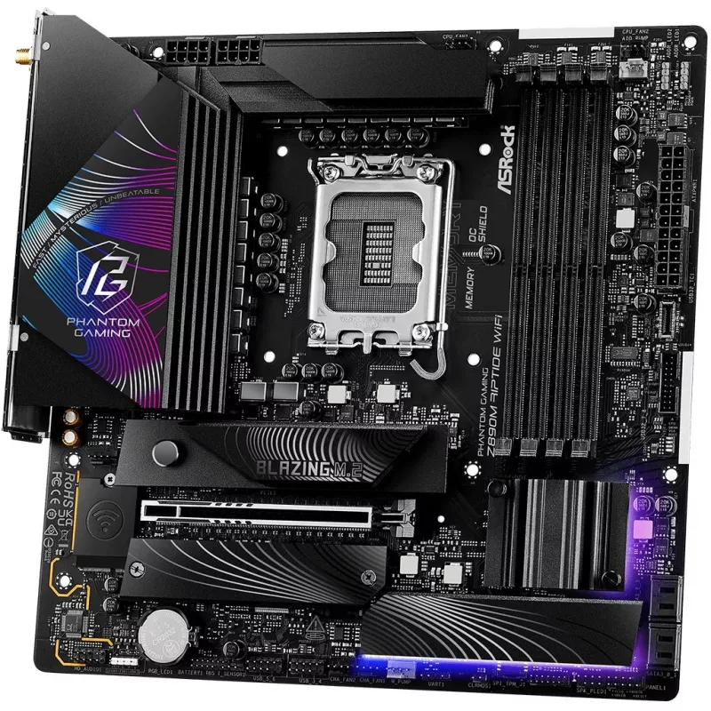 Pagrindinė plokštė ASRock Phantom Gaming Z890M Riptide WiFi — Intel Z890, LGA1851, microATX, DDR5, 4x DIMM, 256GB, Wi‑Fi 6E, 2.5Gb LAN