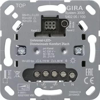 „gira Uni-LED“ dviejų kanalų reguliatoriaus įdėklas S3000 modelis 540200, skirtas LED apšvietimui