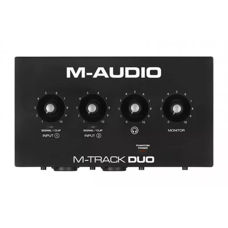 Garso sąsaja M-Audio M-Track Duo — USB 2 į/2 iš, 16 bitų/48 kHz, 1x XLR/TS kombinuotas, 1x instrumento įvestis, fantominis 48 V