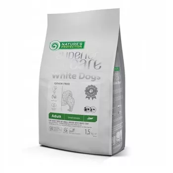 Sausas šunų maistas nature’s protection White Dogs Insects Adult Small Breeds 1,5 kg — visavertis sausas pašaras, baltymų 25%, riebalų 15%, be glitimo ir sojos