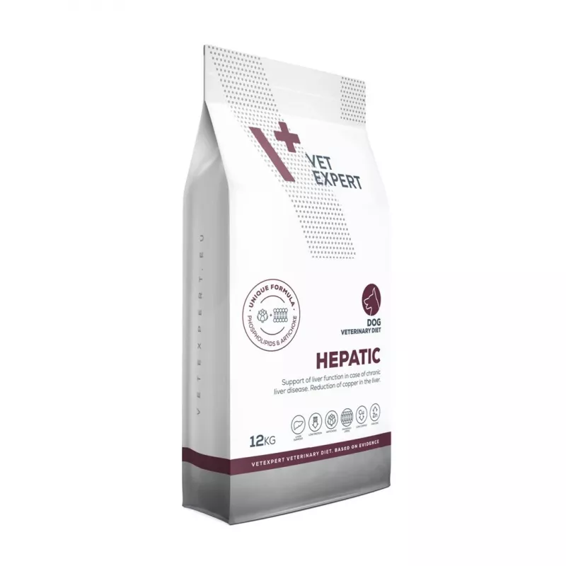 Sausas šunų maistas VETEXPERT Veterinary Diet Hepatic 12 kg — dietinis maistas kepenų veiklai palaikyti, mėsos skonio, suaugusiems šunims 10–15.9 kg