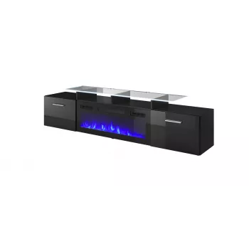 TV spintelė Cama Meble ROVA su elektriniu židiniu, 190x37x48 cm, juoda/juodai blizgi