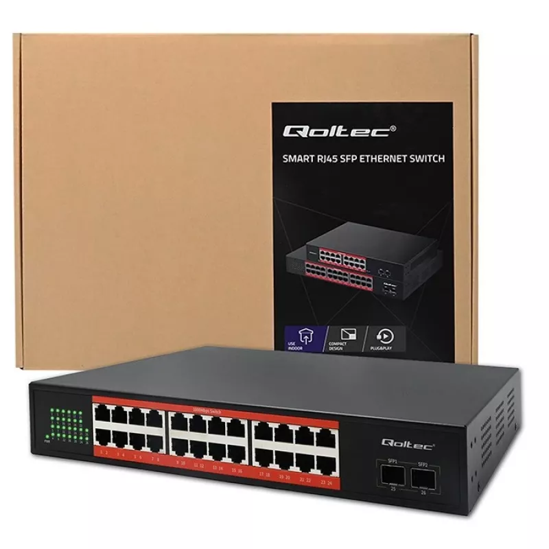 Tinklo komutatorius QOLTEC Gigabit Ethernet PoE 24xRJ45 2xSFP