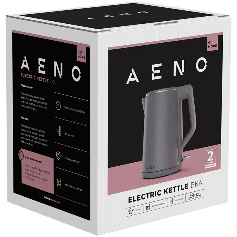 AENO elektrinis virdulys EK4: 1850-2200W, 1,5 l, Strix, dvigubos sienelės, neįkaitantis korpusas, automatinis išsijungimas, apsauga nuo perdegimo