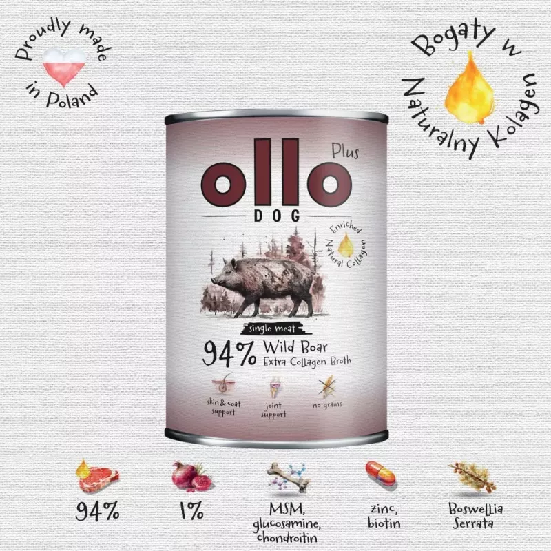 Ollo Plus Kolagen Wild Boar 400g šunų ėdalo skardinė