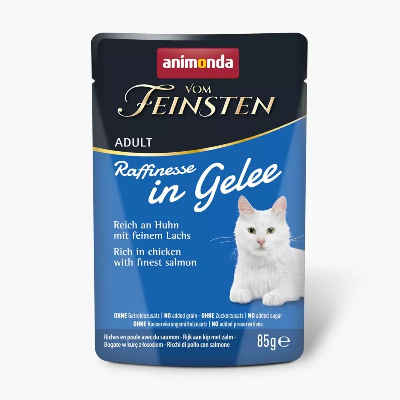 ANIMONDA Vom Feinsten Adult Raffinesse želė su vištiena ir lašiša, šlapias kačių maistas, 85 g pakelis