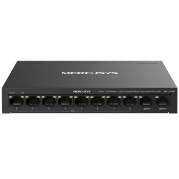 Tinklo komutatorius MERCUSYS MS110CMP — 8 prievadų PoE, 10 Gigabit RJ‑45 prievadų iš viso, 115 W PoE biudžetas, stalinis/sieninis, juodas