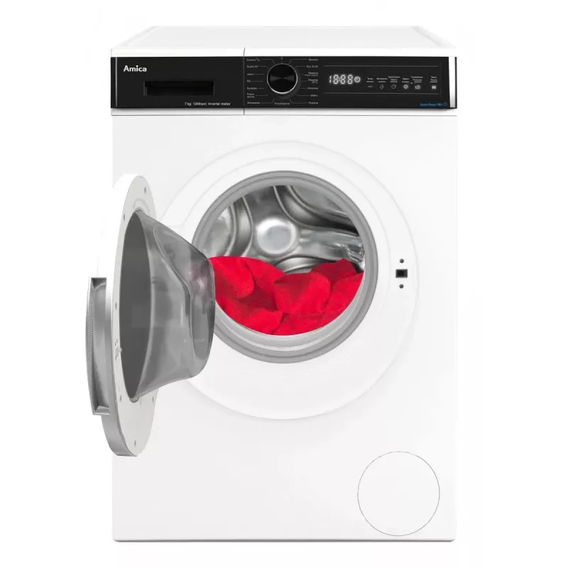 Laisvai pastatoma skalbimo mašina AMICA WA3S712BLiSHB, 7 kg, 1200 aps./min, 2100 W, LED ekranas, juodos spalvos durelės