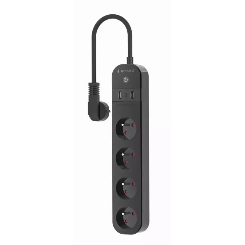 Maitinimo šakotuvas GEMBIRD TSL-PS-F4U-02 su 4 PL lizdais ir USB įkrovikliu, juodas