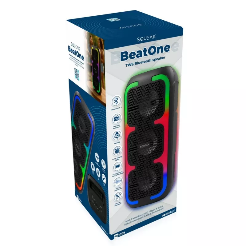 Nešiojamas stereofoninis garsiakalbis SQUEAK SQ1009 — Bluetooth 5.3, 45 W RMS, 10 val. baterija, FM, USB, AUX, LED, 1800 mAh, juodas