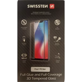 Grūdintas 3D visiškai priklijuojamas ekrano apsauginis stiklas SWISSTEN, skirtas iPhone 11 Pro – juodas