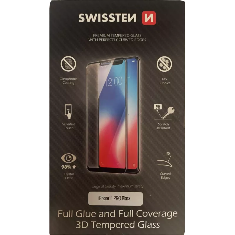 Grūdintas 3D visiškai priklijuojamas ekrano apsauginis stiklas SWISSTEN, skirtas iPhone 11 Pro – juodas