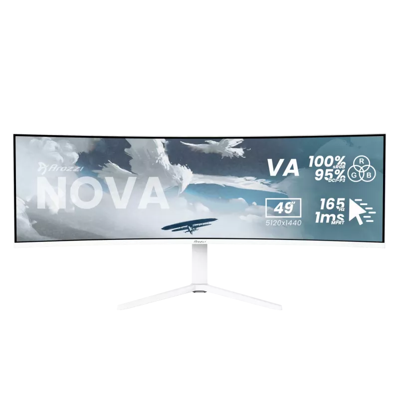 Lenktas monitorius Arozzi Nova 49 colių (124,5 cm) Dual QHD 5120×1440 LED VA, 32:9, 4 ms, USB šakotuvas, garsiakalbiai, baltas