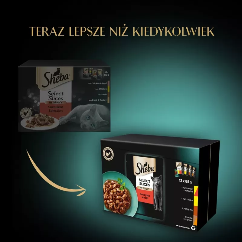 Šlapias kačių maistas Sheba Moist, paketėliai 12×85 g (1020 g), vištiena ir aviena, suaugusioms katėms