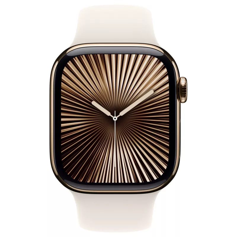 Apple Watch Series 10 GPS + Cellular 42mm aukso spalvos titano korpusas su šviesiai smėlio spalvos sportiniu dirželiu – S/M (MX063QF/A)