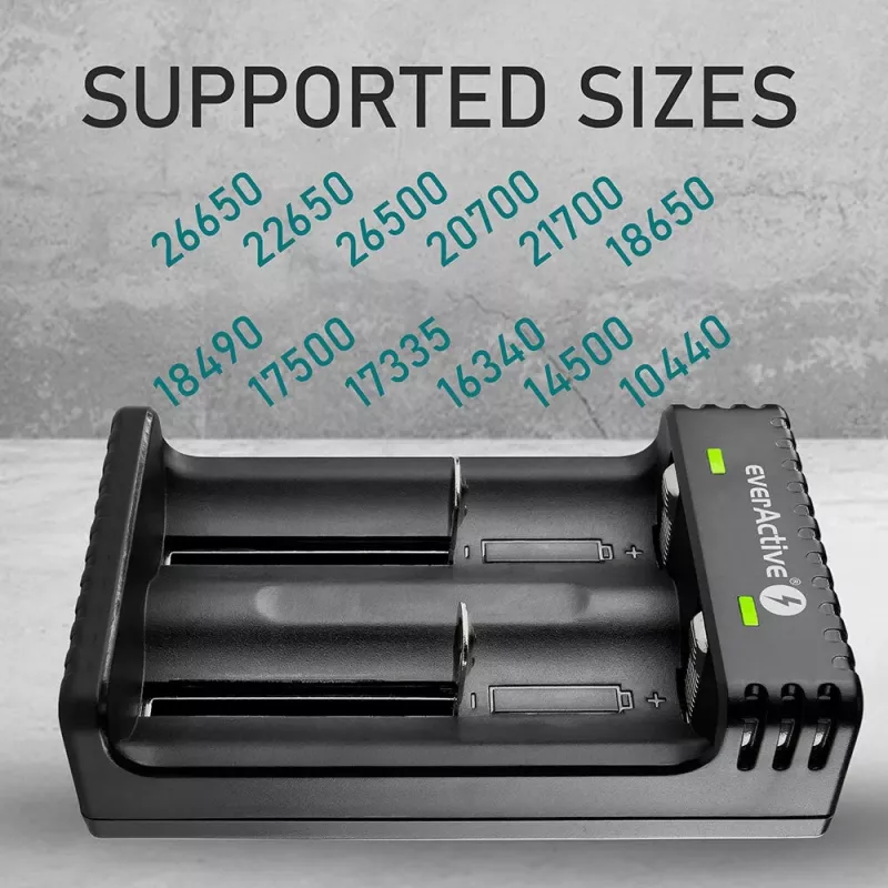 Baterijų įkroviklis everActive LC200 buitinis USB, 2 lizdų, Li-Ion, palaiko A/AA/AAA/AAAA/C/D, 5 V įvestis, 4,2 V išvestis, juodas