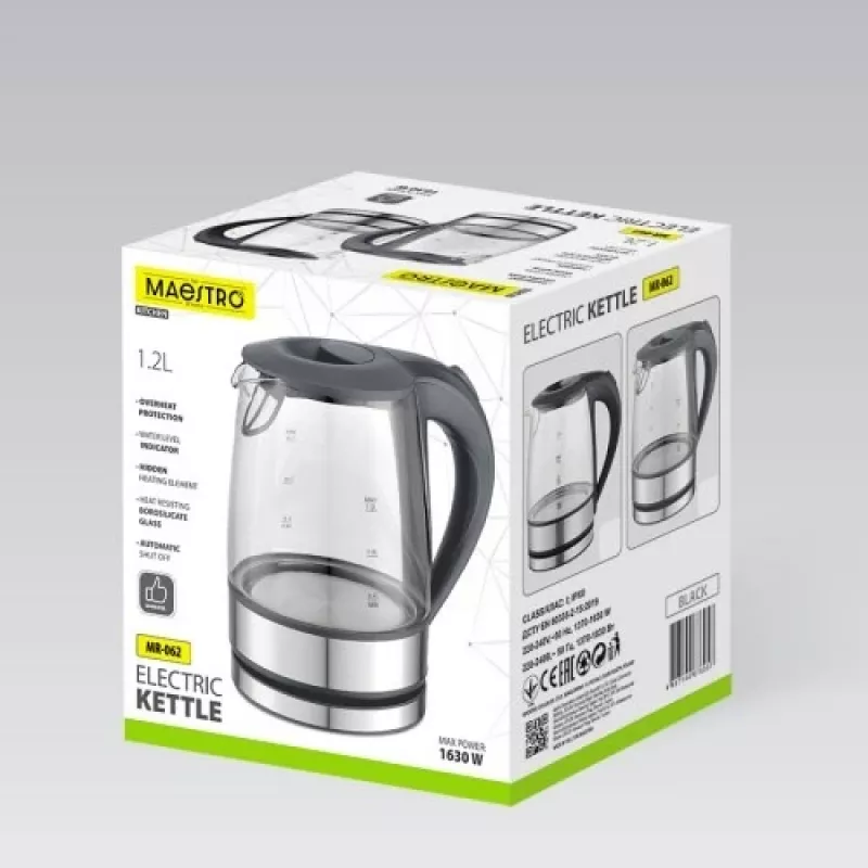 Elektrinis stiklinis virdulys Maestro MR-062-Juoda, 1630W, stiklo korpusas, 1,7 L