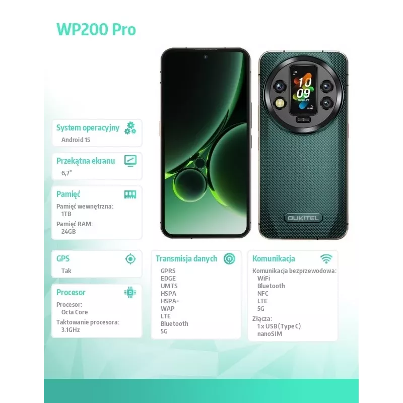 Išmanusis telefonas Oukitel WP200 Pro 5G 6,7 col. 24GB/1TB žalias