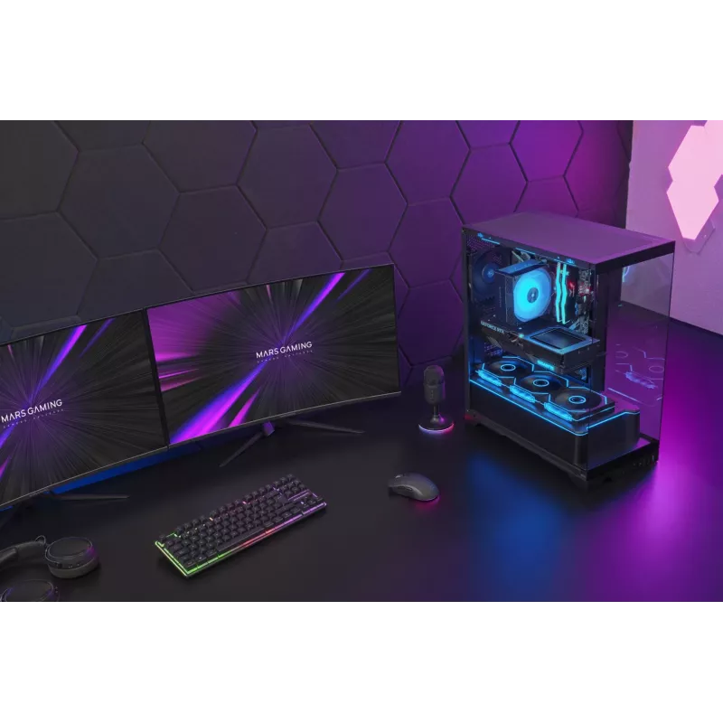 TACENS Mars Gaming MCPRISMA Midi Tower kompiuterio korpusas, juodas, grūdintas stiklas, palaiko ATX/Micro-ATX/Mini-ITX, 2x3,5 colių + 2x2,5 colių lizdai
