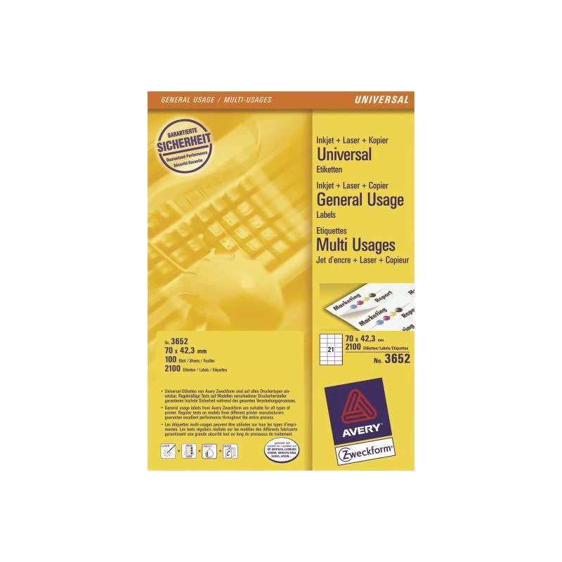 Avery - Etiketės - Baltos - 42,3 x 70 mm 2100 etikečių (100 lapų x 21) (3652)