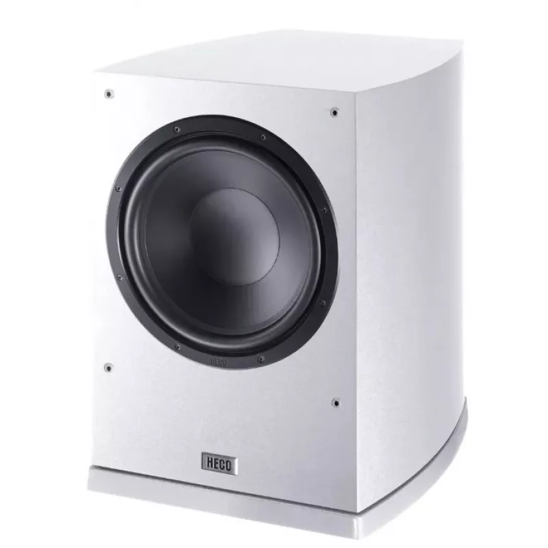 Subwoofer Heco Victa Elite SUB 252 A – kompaktiškas aktyvus žemų dažnių garsiakalbis, balta apdaila