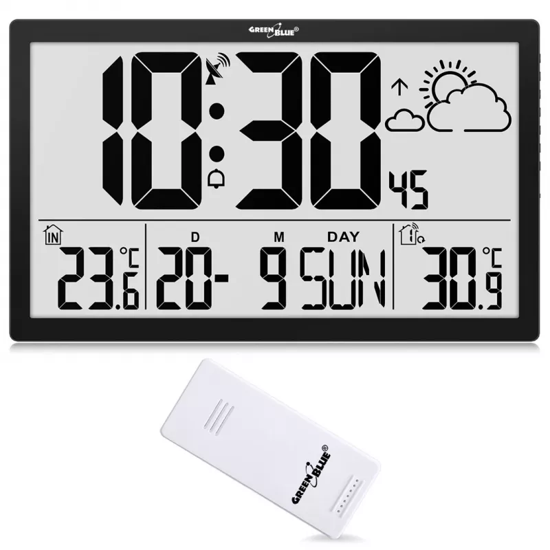 Sieninis laikrodis GreenBlue GB218 — ypač didelis LCD, orų stotis, patalpų ir lauko temperatūros, datos rodymas