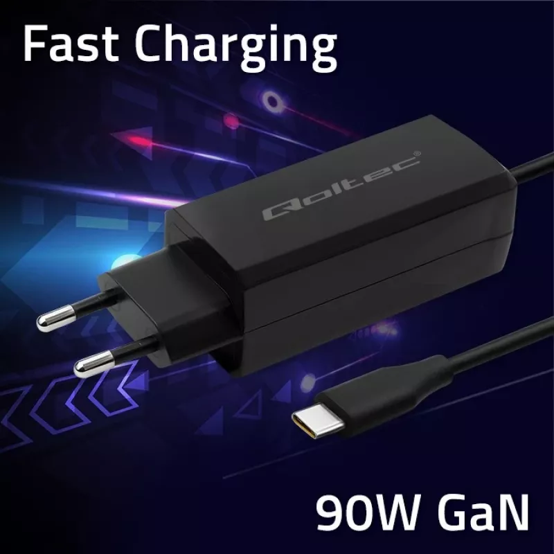 GaN 90W įkroviklis QOLTEC 52420 USB-C PD 5–20V 3A/4,5A išėjimas, 220–240V įėjimas, 1,8 m laidas, juodas