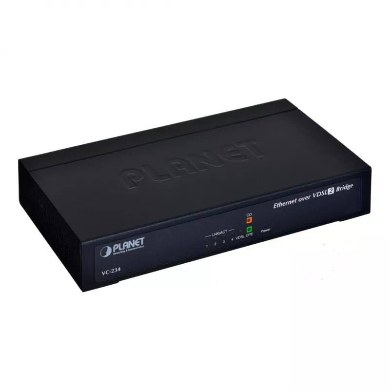 Tinklo tiltas PLANET VC-234 valdomas 4 prievadų Fast Ethernet (10/100) montuojamas į stovą 1U, nuolatinės srovės įvestis, 0,8 Gbit/s komutavimo pajėgumas